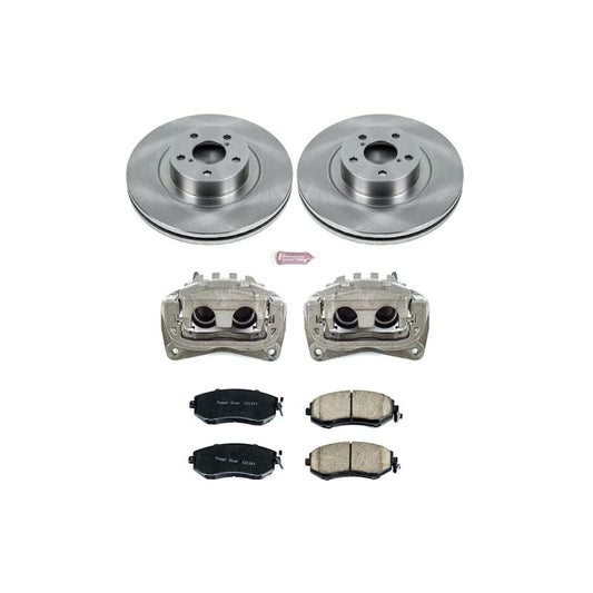 PowerStop front OE brake kit with calipers for 2013-2016 Scion FR-S, including brake rotors and calipers, ready for installation.