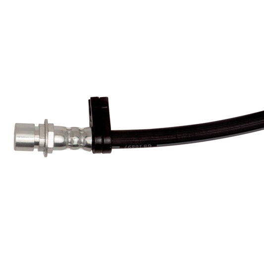Close-up of DFC Chevrolet Camaro front-right brake hose from the brake line kit, showing braided steel construction and fittings.