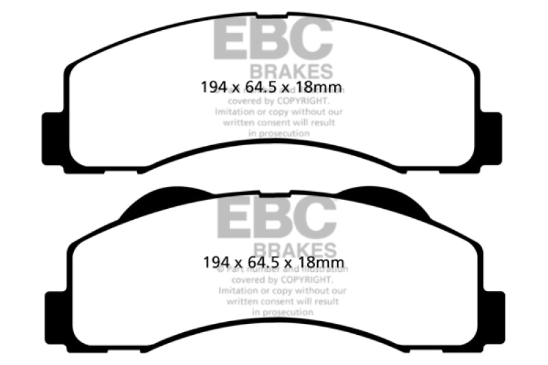 EBC 15+ Ford Expedition 3.5 Twin Turbo front brake pads, OE type, showing the new brake pad components and branding.
