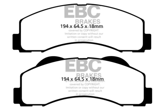 EBC 15+ Ford Expedition 3.5 Twin Turbo front brake pads, OE type, showing the new brake pad components and branding.