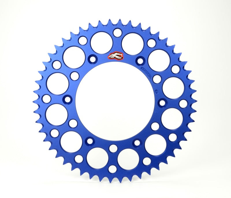 Renthal blue rear grooved sprocket for Husqvarna FE 250 2018, 520-49P teeth, durable motorcycle sprocket for off-road riding.