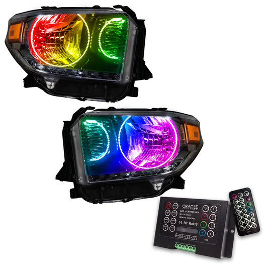 Oracle Lighting Toyota Tundra headlights with dual halo kit and ColorSHIFT SMD LEDs, featuring 2.0 controller for customizable lighting.