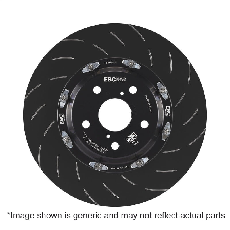 EBC 14-18 BMW M3 F80 3.0L brake rotors, 2-piece SG Racing front rotors, with vented design and metallic finish.