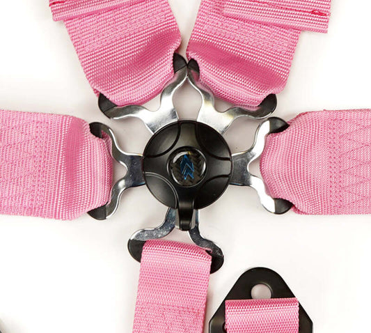Pink NRG 5-point seat belt harness with cam lock, designed for racing or safety harness applications.