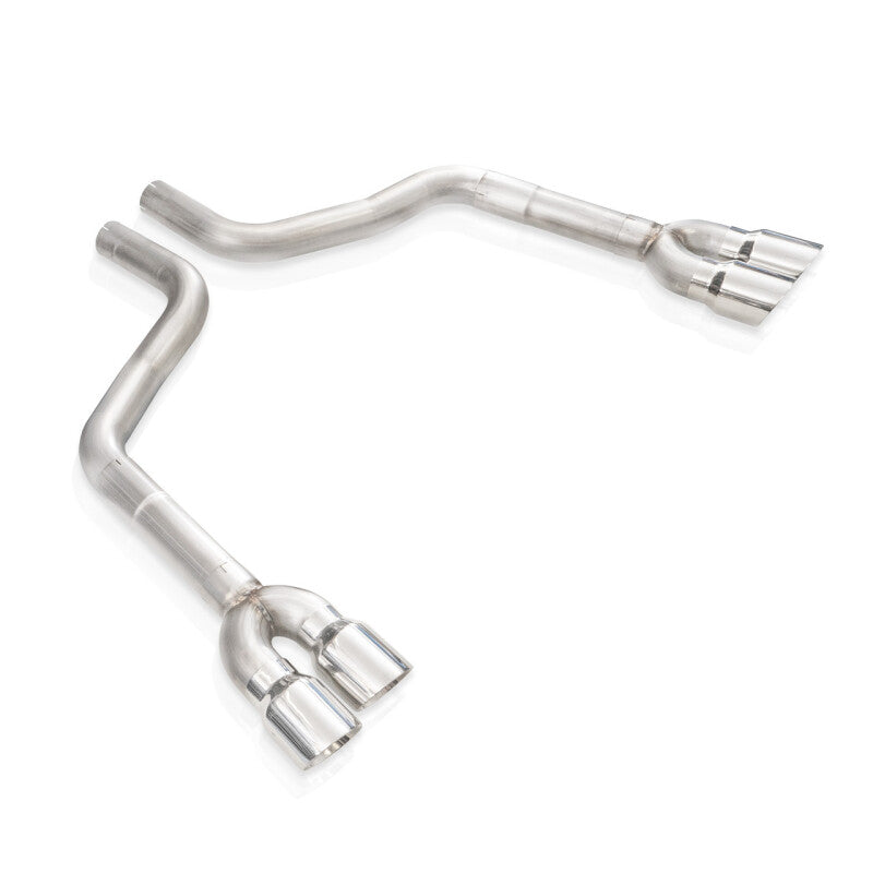 Stainless Works catback rear resonator delete exhaust for 2015-2021 Dodge Challenger 5.7L, 6.2L, or 6.4L V8 engines, showing the exhaust tips