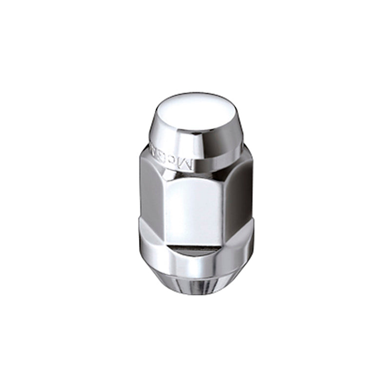 McGard chrome hex lug nuts with cone seat bulge style, 7/16-20 thread, 3/4 inch hex, 1.45-inch length, pack of four.