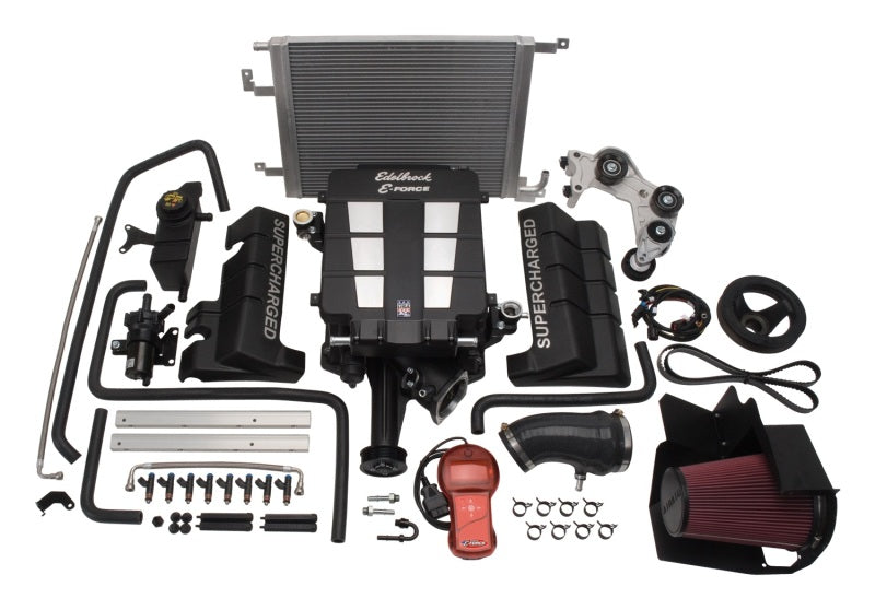 Edelbrock Supercharger Stage 1 Street Kit for 2009-2010 Chrysler LX and LC 5.7L Hemi engine, with visible supercharger components and tuner.