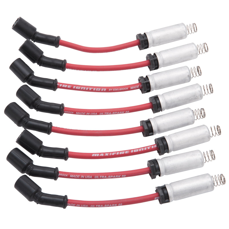 Edelbrock LS spark plug wire set with metal sleeves, red 50 Ohm resistance, set of 8 for 1999-2015 Chevy engines