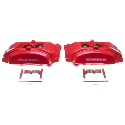 Pair of PowerStop red front brake calipers for Lexus GS200t 2016-2017, performance brake calipers without brackets, shown in image.