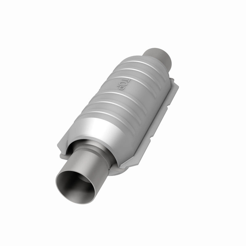 MagnaFlow universal catalytic converter with 2-inch inlet and outlet, 11-inch stainless steel body, shown installed in vehicle exhaust system.