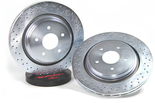Baer Brakes rear slot and drilled performance brake rotors for 2006-2009 Cadillac XLR, designed for enhanced stopping power.