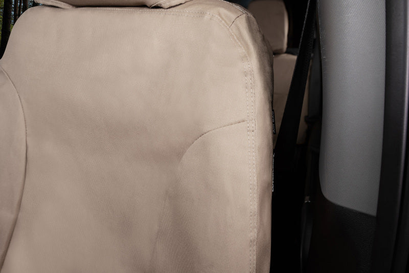 Covercraft Taupe third row seat covers for Ford Transit 2015-2021 made of durable polycotton fabric, fitted for custom protection.