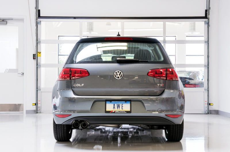 AWE Tuning VW MK7 Golf 1.8T Track Edition catback exhaust with diamond black tips and 90mm piping installed on the vehicle.