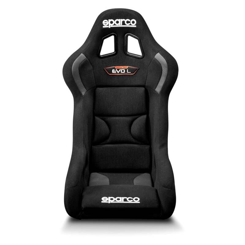 Black Sparco EVO L Carbon race seat with racing harness slots and supportive bucket design for high-performance driving.