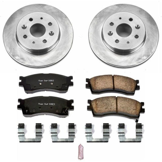 PowerStop OE front brake kit for Kia Rio 2003-2005, including brake rotors and pads, shown in the image.