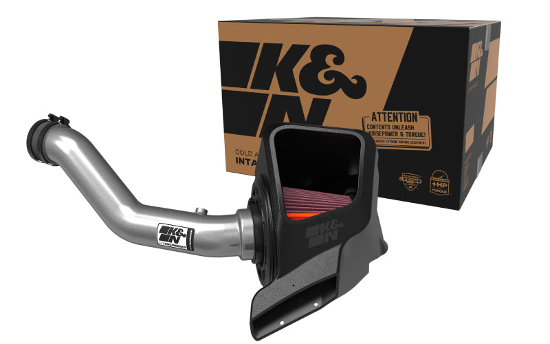 K&N Engineering aluminum cold air intake for 2016-2022 Jeep Grand Cherokee NextGen, with polished metal tubing and air filter.