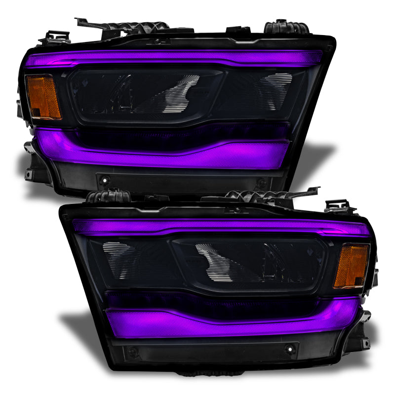 Oracle Lighting RGB+W headlight DRL kit for Dodge RAM 1500 2019-2021, featuring reflector LED headlights with customizable lighting.