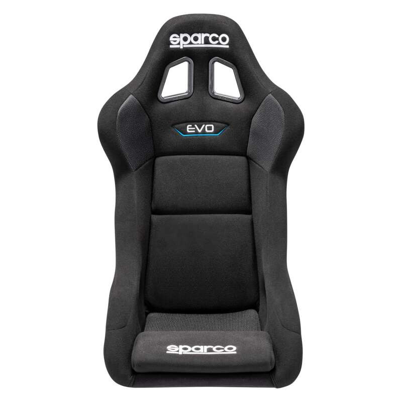 Black Sparco Seat Evo QRT race seat with racing harness slots and supportive side bolsters for competitive motorsport driving.