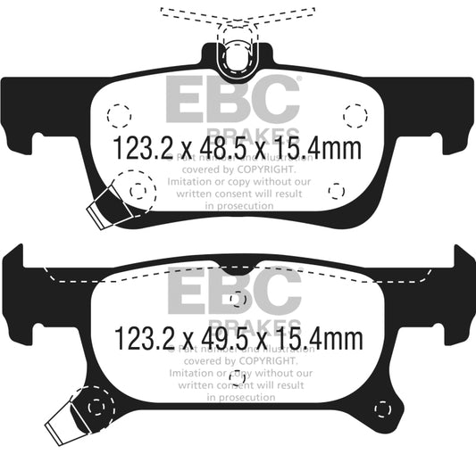 EBC Greenstuff rear brake pads for Buick Envision 2.0L Turbo, performance brake pads with green friction material, shown in image.