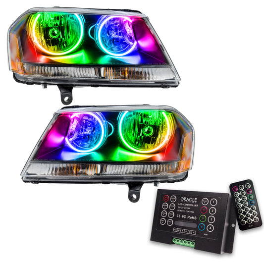 Oracle Lighting black Dodge Avenger RT headlight with ColorSHIFT SMD HL and 2.0 Controller, showcasing sleek automotive lighting design.