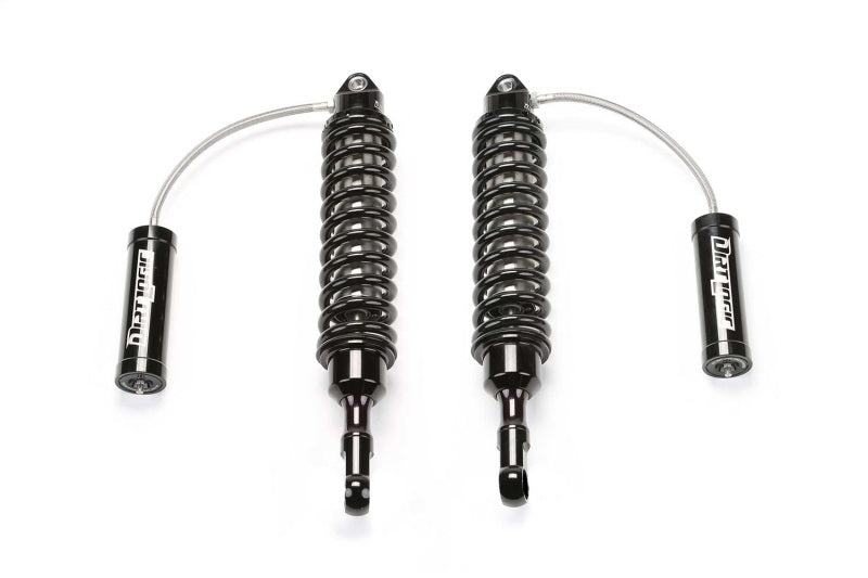 Pair of Fabtech Dirt Logic 2.5 reservoir coilovers for 2015-2018 Ford F150 4WD front suspension, showcasing shock absorbers with coil springs.
