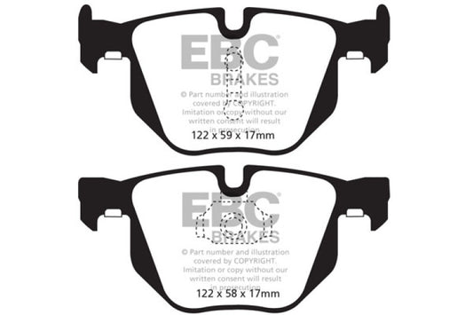 EBC Redstuff rear brake pads for BMW X5 3.0 Turbo (35), high-performance brake pads with red friction material and brake calipers