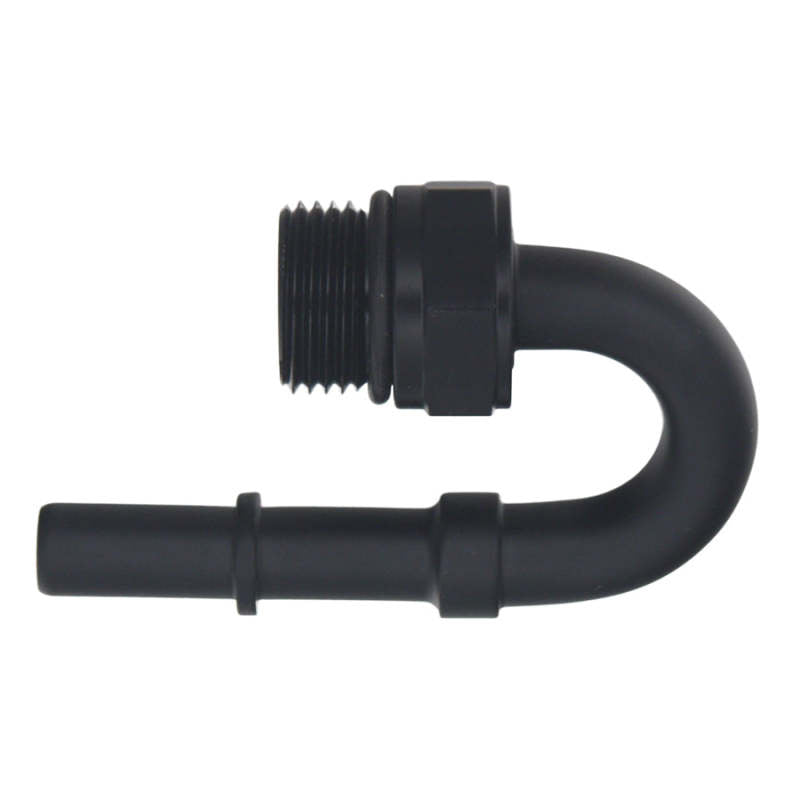 DeatschWerks 8AN ORB male to 3/8 inch male EFI quick connect adapter in matte black, 180-degree fuel fitting for automotive use.