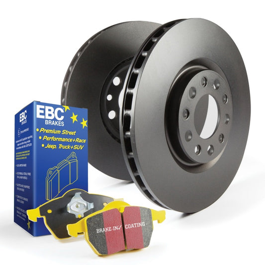 EBC S13 brake pad and rotor kit with OE brake rotors and pads, showing the silver brake rotors and black brake pads.