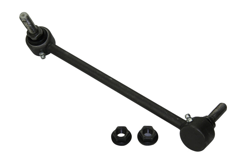 Moog Cadillac ATS front right sway bar endlink, compatible with 2013-2019 models, showing the metal link with rubber bushings.