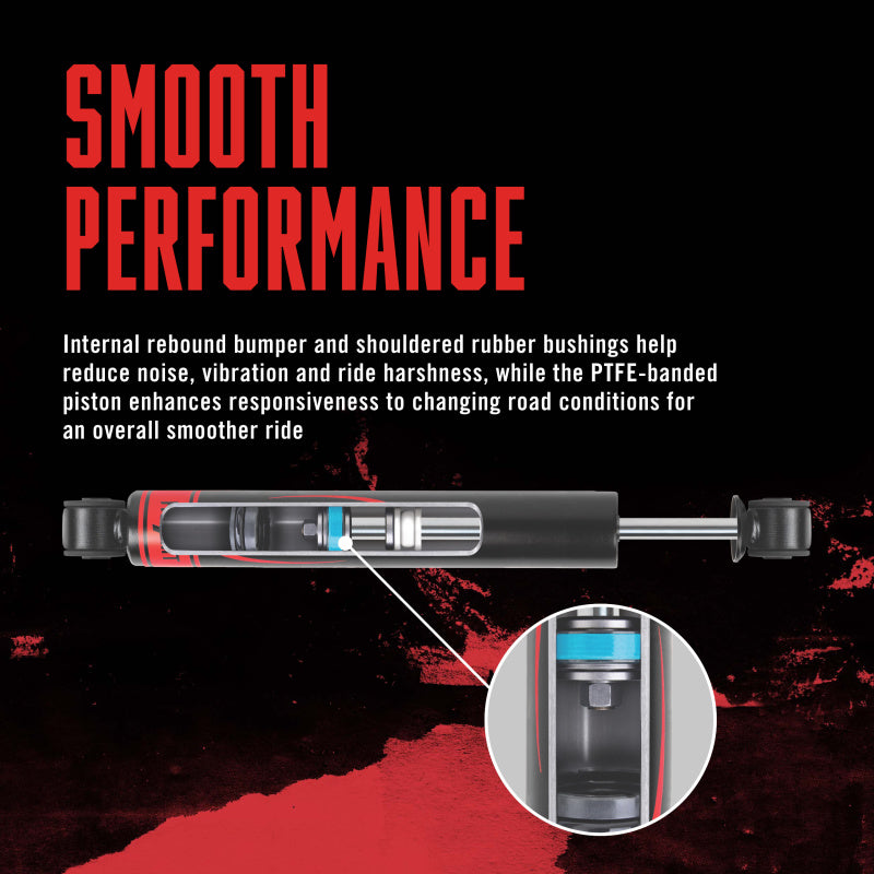 Rancho 99-16 Ford F-250 Super Duty 4WD rear RS7MT shock absorber on vehicle, showing its durable metal coil and mounting hardware.