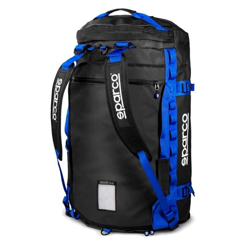 Large black and blue Sparco Bag Dakar Duffle, stylish travel luggage with sturdy handles and spacious interior.