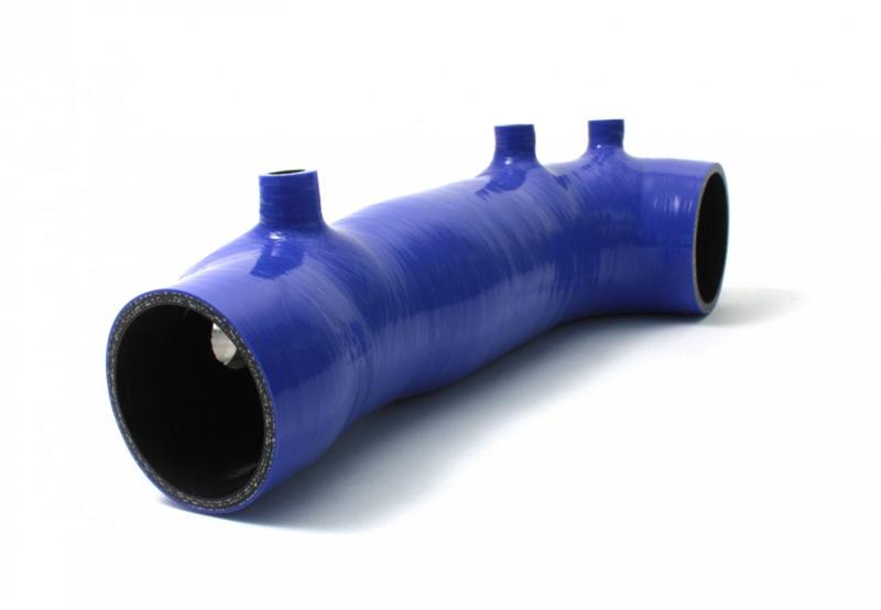 Blue Perrin Performance turbo inlet hose for Subaru WRX, STI, and Forester XT engine air box, showing the flexible silicone hose with clamps.