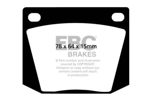 EBC Redstuff front brake pads for 1963-1969 AC Cobra 4.7 performance braking system, showing the red friction material and metal backing