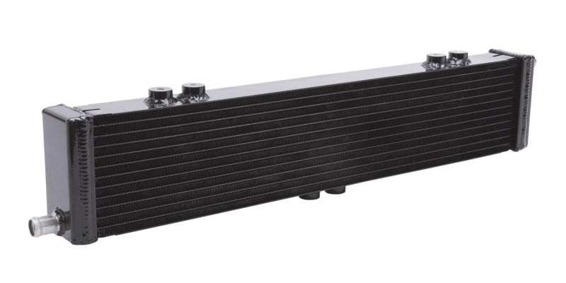 Edelbrock heat exchanger intercooler with dual row design, black finish, 22,000 Btu/hr, 26.5" W x 5" H x 2.62" D, for automotive cooling