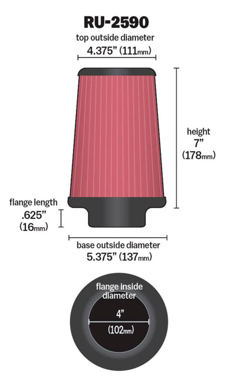 K&N Engineering universal rubber air filter with 4-inch flange, 7-inch height, and 5 3/8-inch base for vehicle filtration.