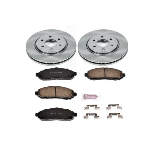 PowerStop OE front brake kit for Nissan Frontier, includes brake rotors and pads, designed for reliable stopping performance.