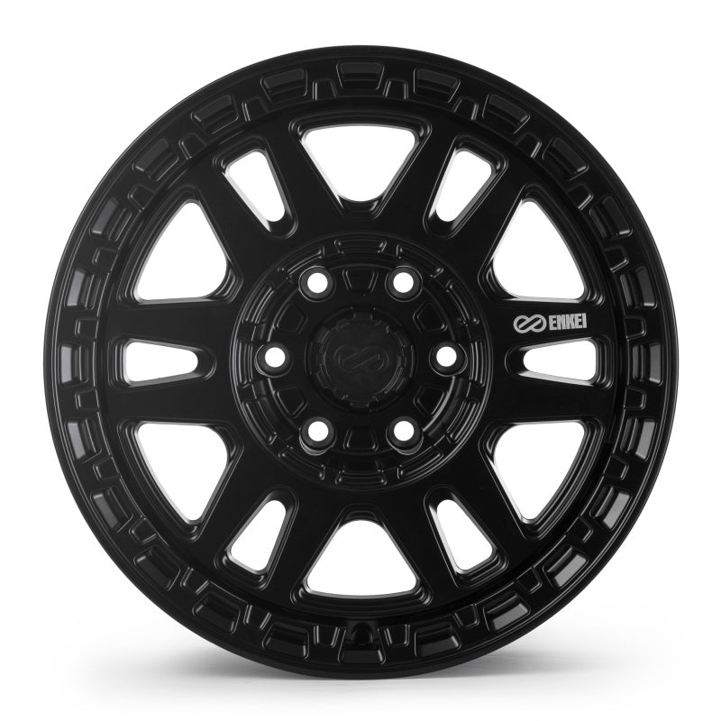 Enkei Trail-Tracker 17x8.5 matte black cast wheel with 6x135 bolt pattern, ET12 offset, and 87.1mm bore for off-road vehicles.