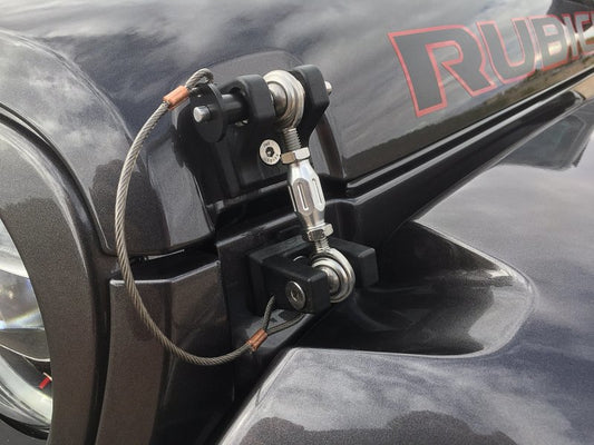 DV8 Offroad Jeep JL hood pins and hold downs for 2018+ models, durable metal hood latch hardware.
