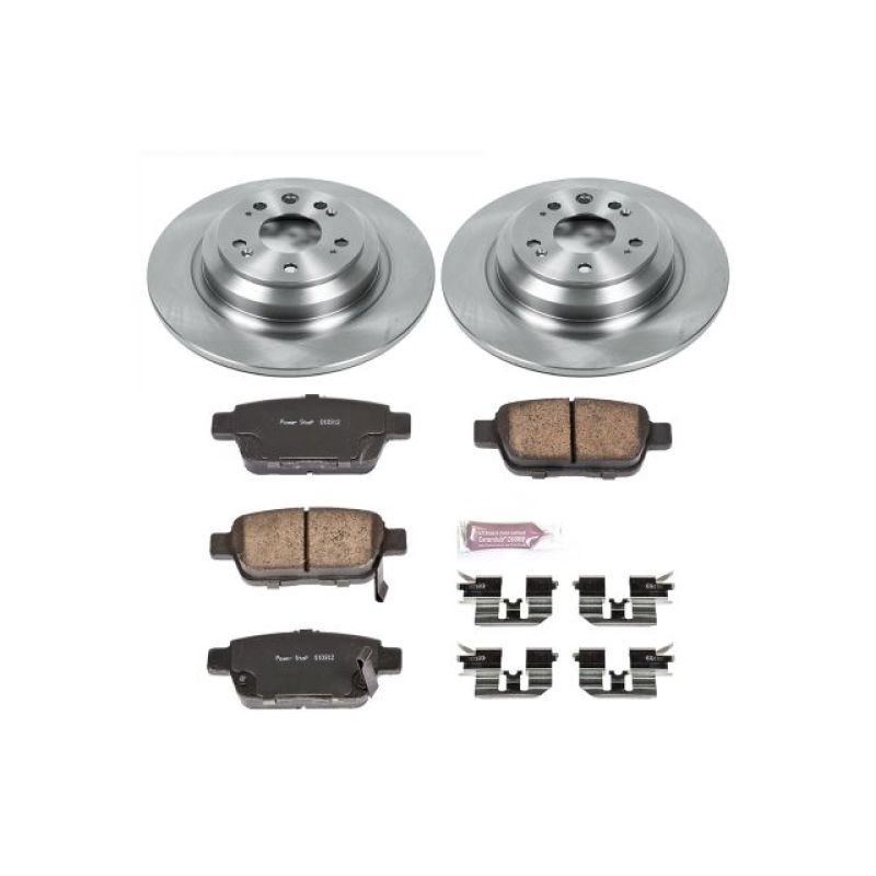 Rear PowerStop OE brake kit for Acura TL 2009-2014, showing brake rotors and pads installed on the vehicle.