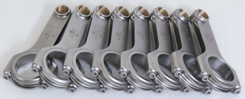 Eagle Chevrolet big block H-beam connecting rods for 396/427/454 engines with ARP 2000 bolts, set of 8, showing precision machining.