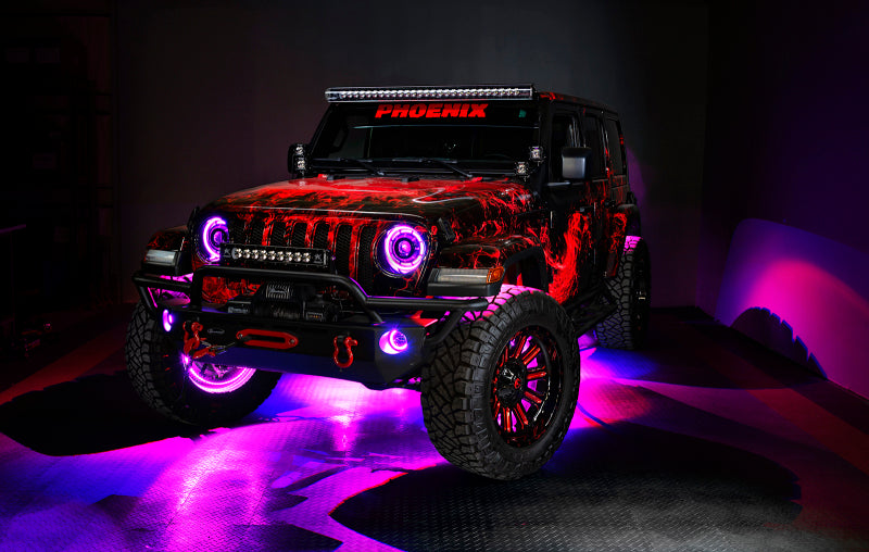 Oracle Lighting LED illuminated wheel rings with ColorSHIFT, no remote, showcasing vibrant multicolor LED light strip on a vehicle wheel.