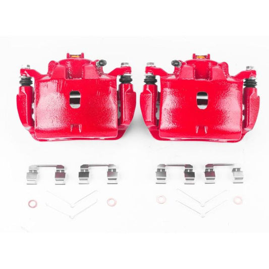 Pair of PowerStop red front brake calipers with brackets for 2013-2015 Acura ILX, performance replacement brake calipers.