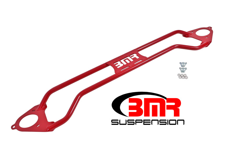 Red BMR 16-17 6th Gen Camaro front twin tube design strut tower brace installed in engine bay.