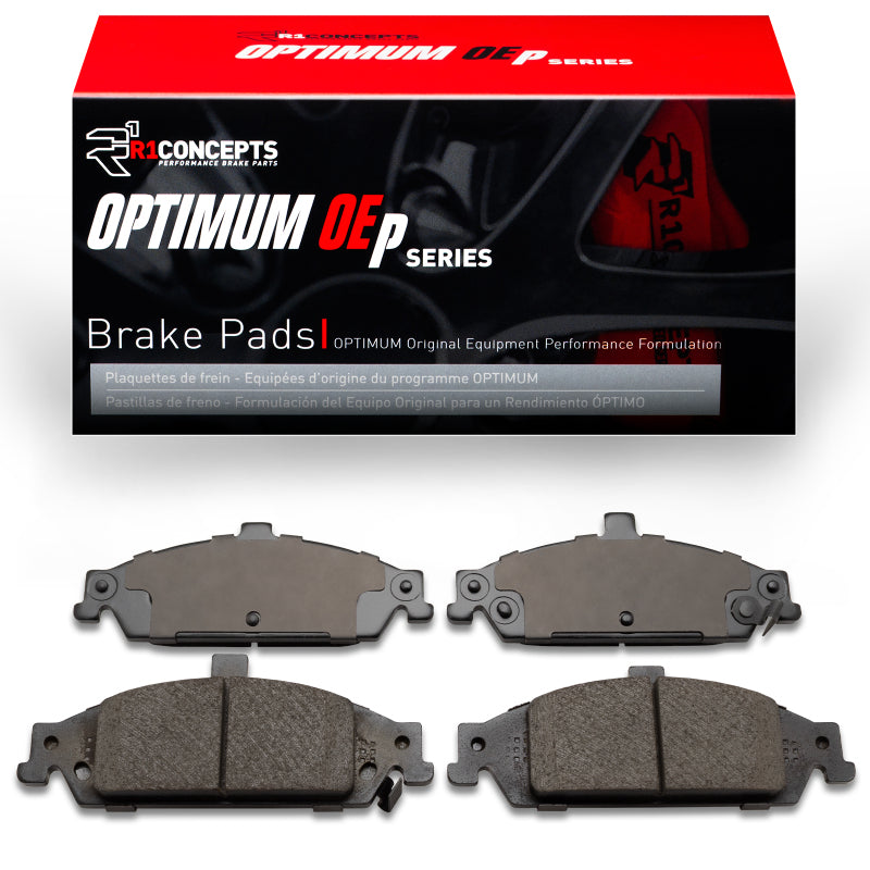 Chevrolet Classic front R1 Optimum OE brake pads by R1 Concepts, showing a new set of automotive brake pads for the front axle.