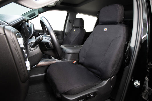 Covercraft Jeep Wrangler front seat cover in Carhartt Super Dux fabric, custom fit for 26-inch bucket seats, durable and protective.