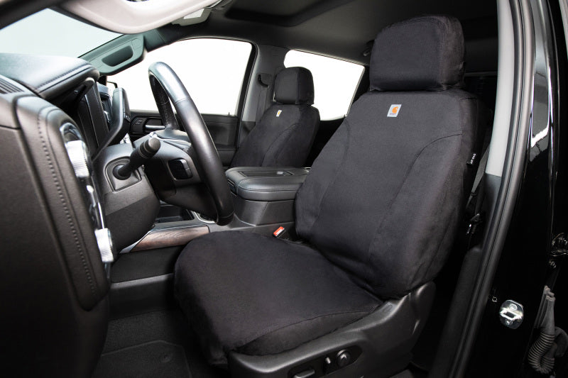 Covercraft Carhartt Super Dux front seat cover in black for 2025 Toyota 4Runner, custom-fit, durable fabric protects front seats.