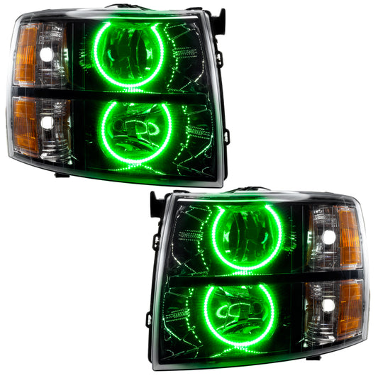 Oracle Lighting green halo headlights for 2007-2013 Chevrolet Silverado, round style, assembled automotive headlights.