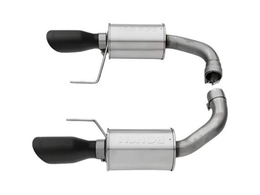 Roush 15-17 Mustang GT axle back exhaust with black tips, showcasing the sleek exhaust tips and piping on a black vehicle.