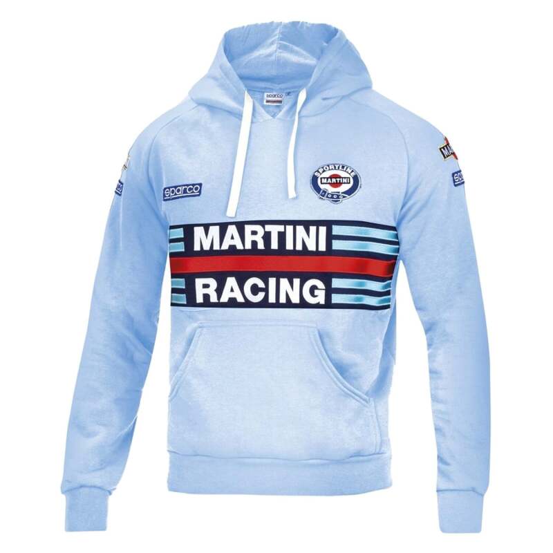 Sparco Martini-Racing medium celeste hoodie with logo and racing design, casual sweatshirt made for motorsport fans.