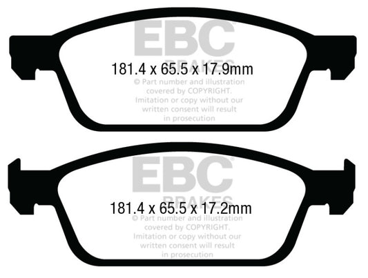 EBC 13+ Ford Escape 1.6 Turbo 4WD Ultimax2 front brake pads, OE replacement, shown with metal backing and friction material